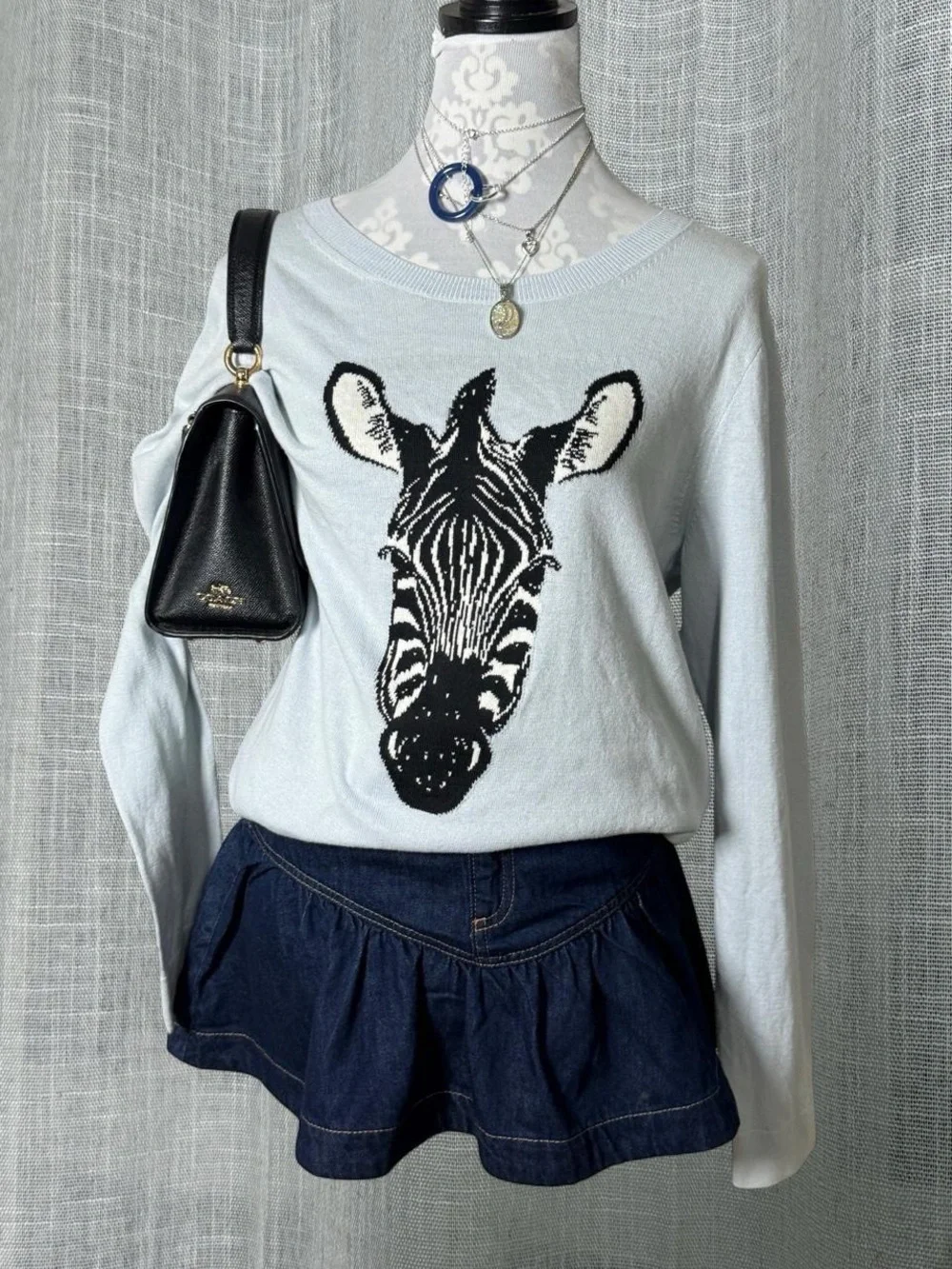 J.Crew Zebra Intarsia Sweater | Baby Blue Cotton Knit Size Large
